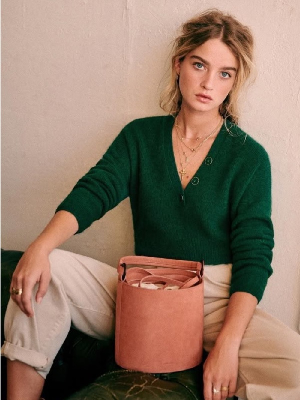 Sezane Willy V-Neck Button-Accent Sweater